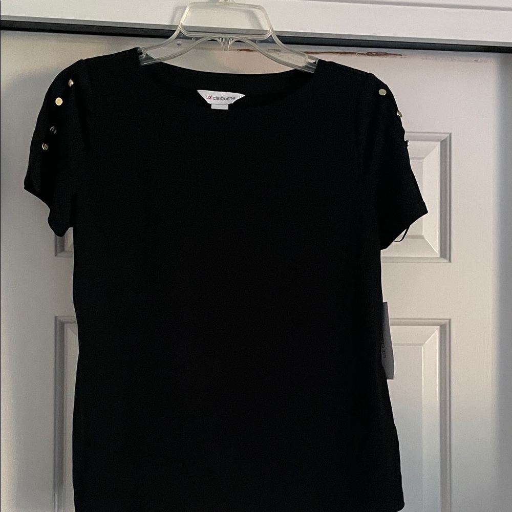 Liz Claiborne Black Short Sleeve Top with Button Accents.